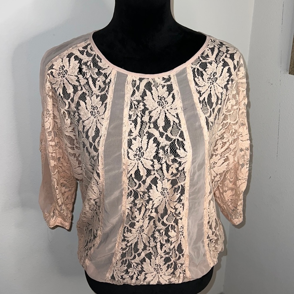 Timing blush lace sheer elastic waist round collar romantic top  blouse Sz L
